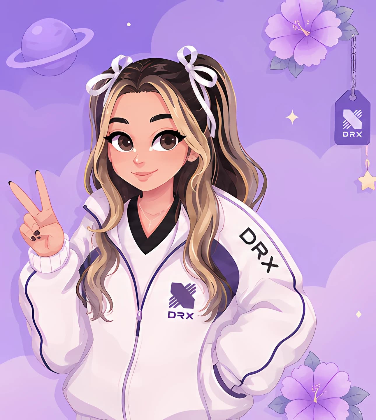 El personaje de Paula del arte de su canal, con chaqueta blanca y lazos en el pelo.